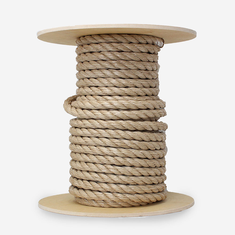 A spool of beige UnManila Rope designed to resemble natural manila with a classic aesthetic, wound tightly and displayed against a plain background.