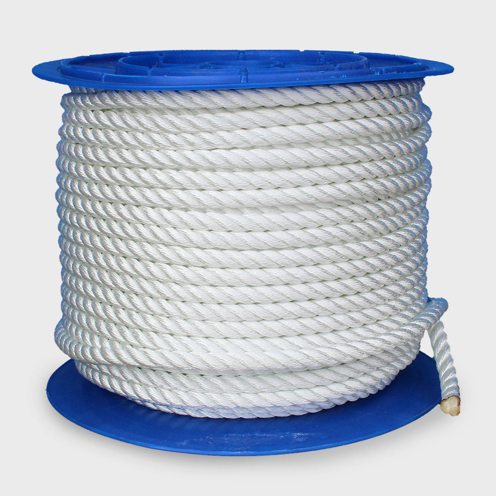 A spool of white twisted nylon rope on a blue spool