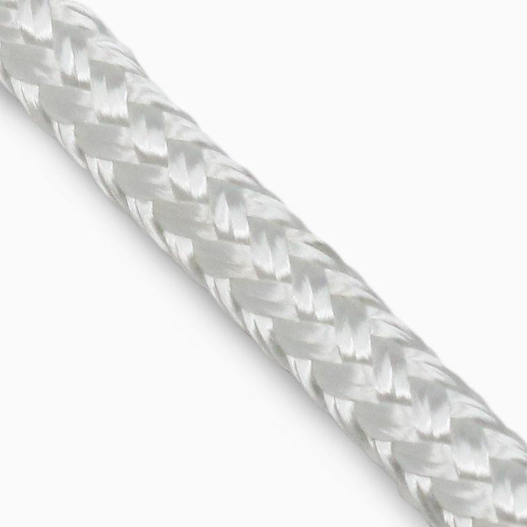 Close-up of a white double braid nylon rope showing its woven texture and solid color.
