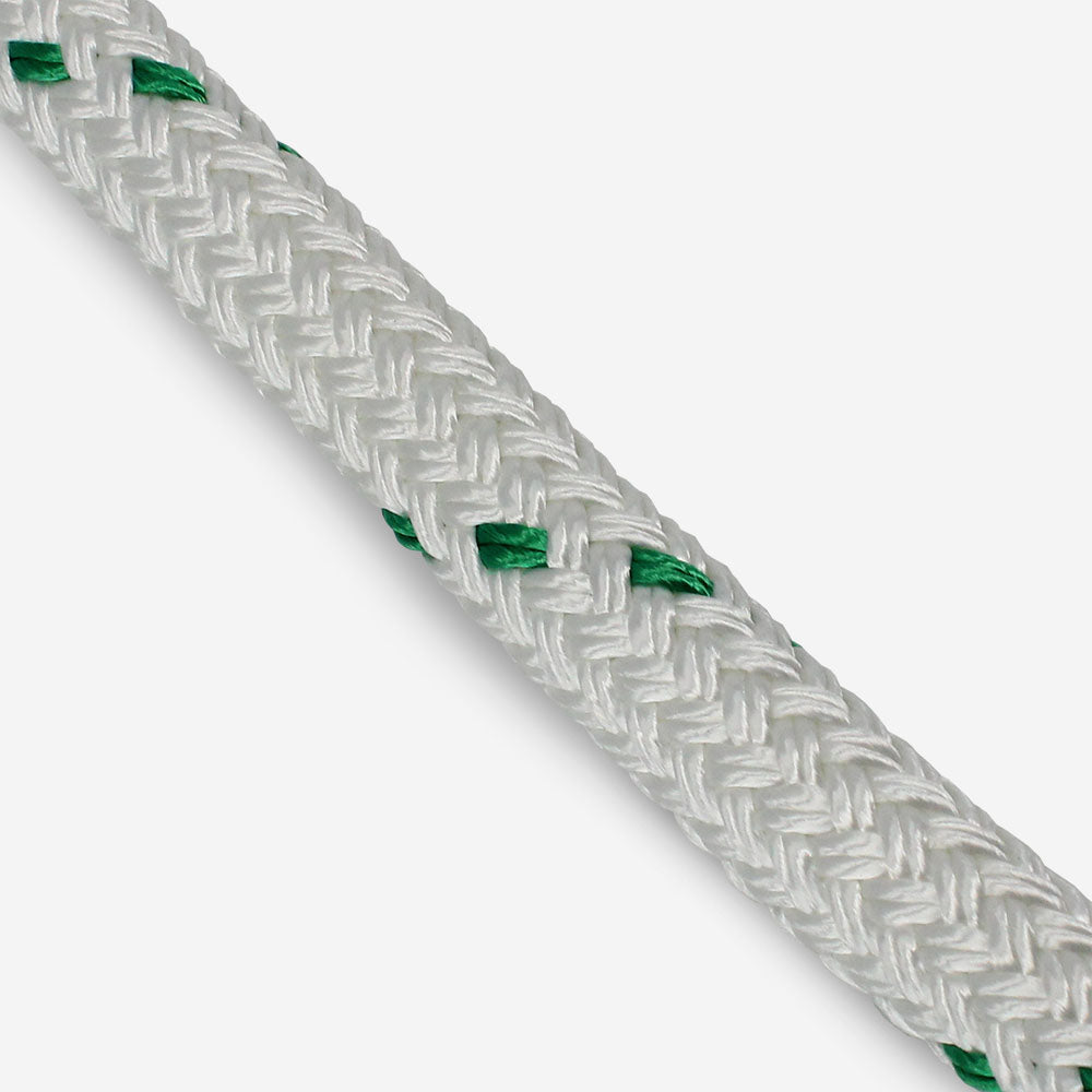 Close-up of a double braid polyester rope showing the detailed construction with a green tracer visible