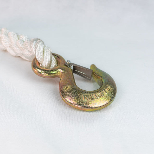Metal hook with rope on a light gray background