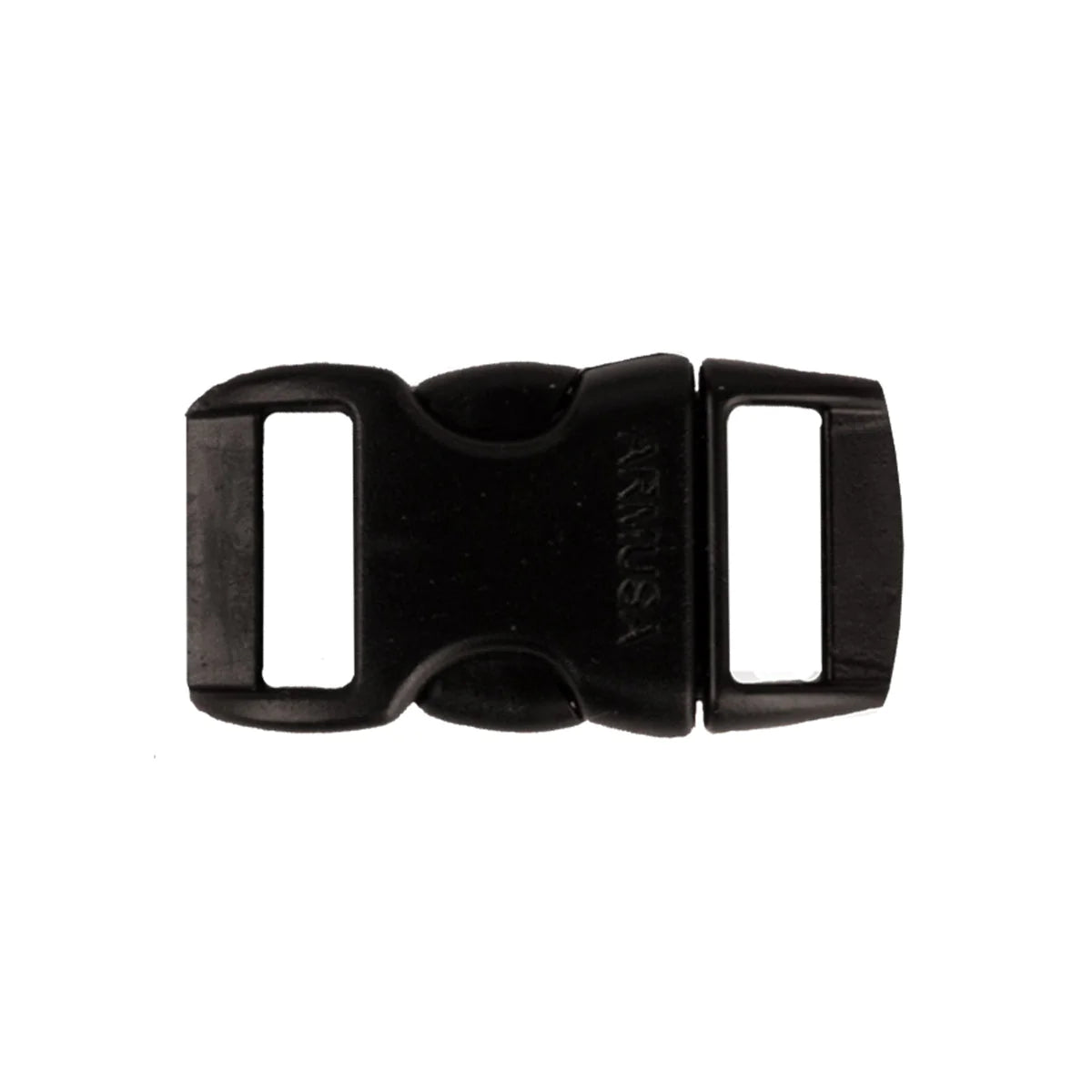 A black plastic side-release buckle for paracord.