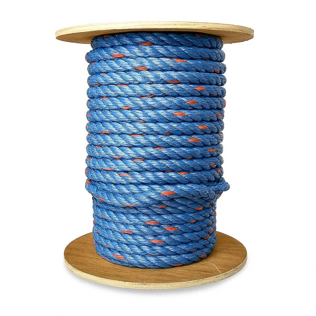 Spool of blue rope with orange specks on a wooden reel against a white background