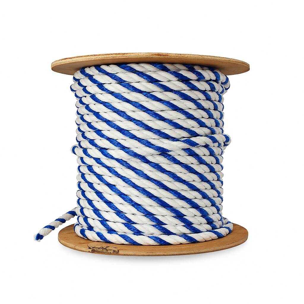 Spool of blue and white striped rope on a wooden reel