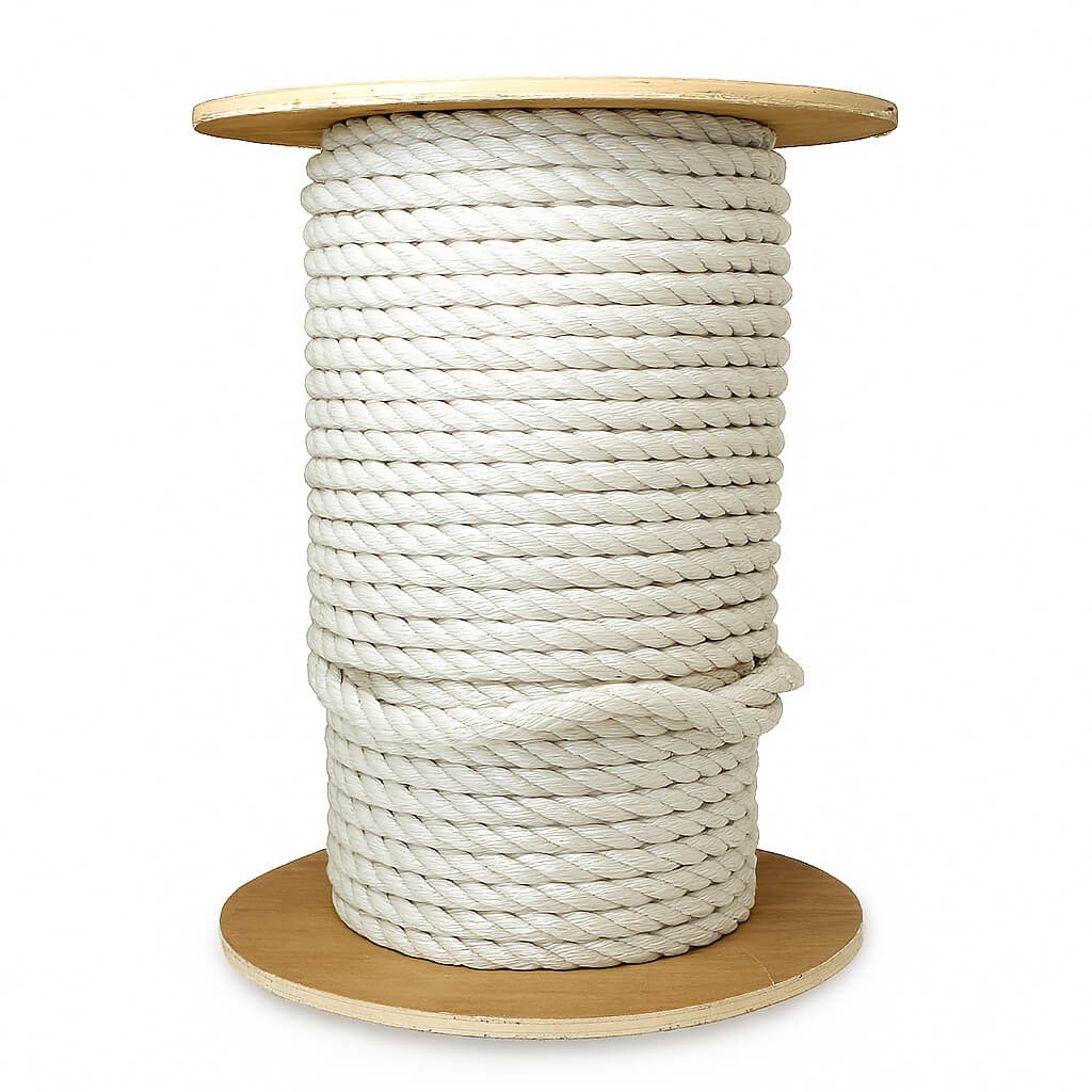Spool of white rope on a wooden reel against a white background
