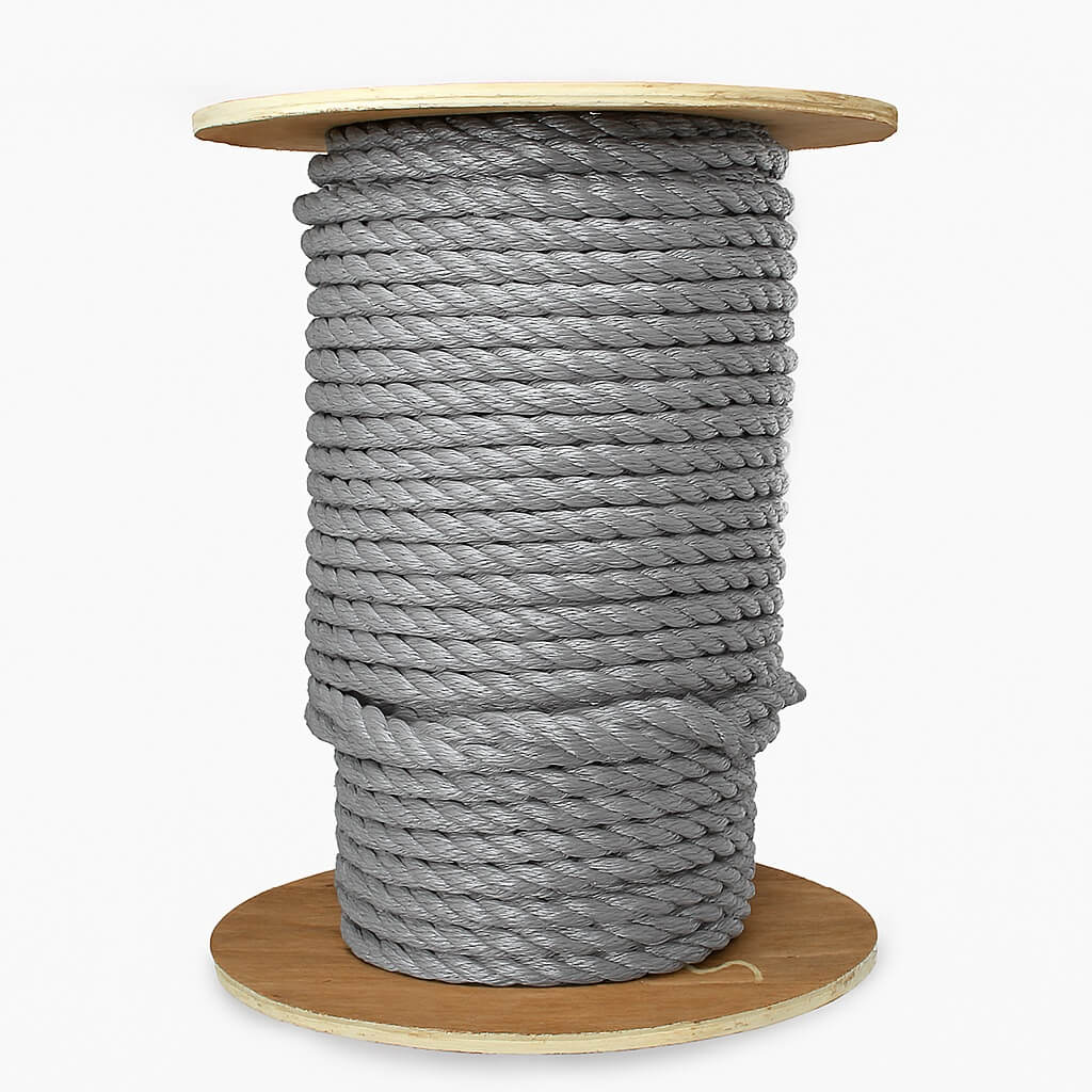 Spool of gray rope on a wooden reel against a white background
